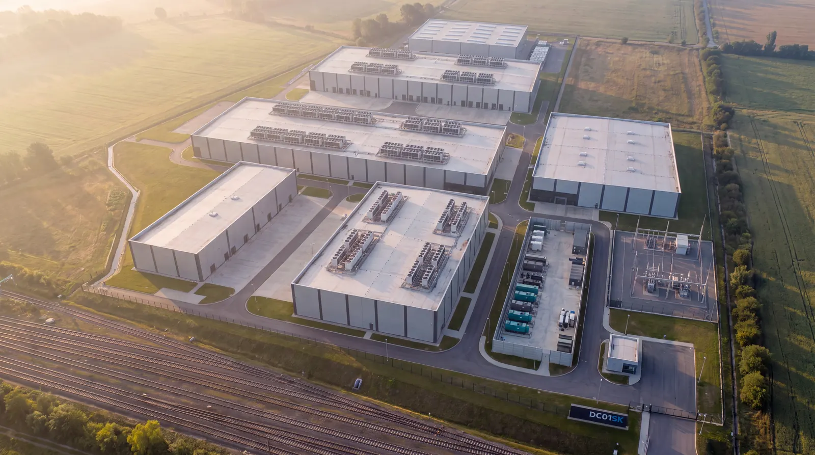 Aerial visualisation of a build-to-suit data center campus concept on the 116,000+ m² DC01SK site in Bratislava