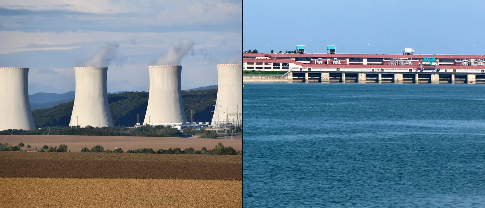 Split image of the two generation types behind Slovakia’s low-carbon grid: the cooling towers of the Mochovce nuclear power plant on the left, the Gabčíkovo hydroelectric dam on the right.